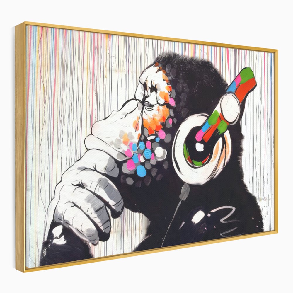 Tablou canvas cu tablou canvas cu maimuta dj, in rama de aluminiu auriu